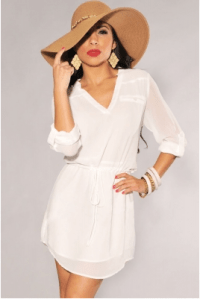 White Drawstring Shirt Shift Dress